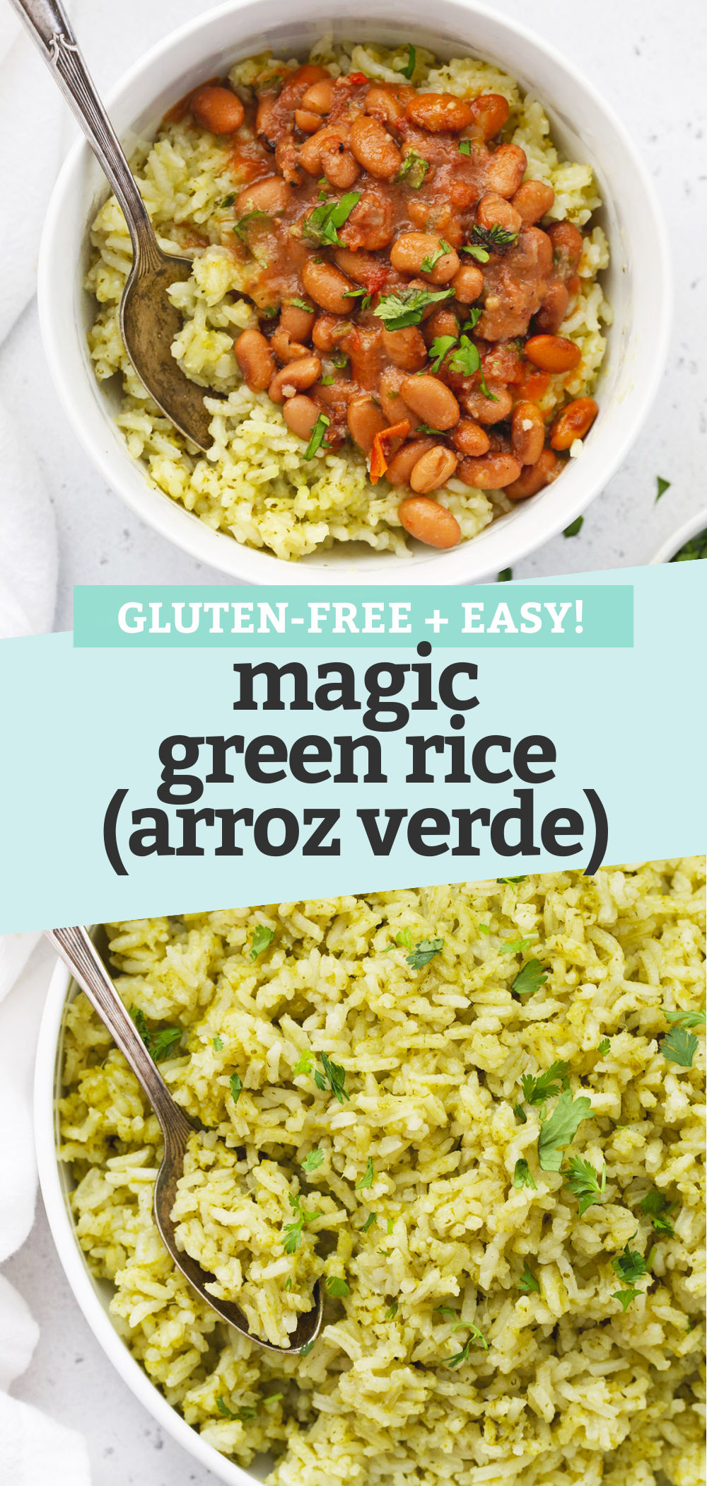 Collage of images of Mexican Green Rice (Arroz Verde) with a text overlay that reads "Gluten-Free + Easy Magic Green Rice (Arroz Verde)."