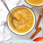 No Sugar Added Instant Pot Applesauce in two bowls with text overlay that reads "Instant Pot Applesauce. Vegan + Paleo + naturally sweet!"