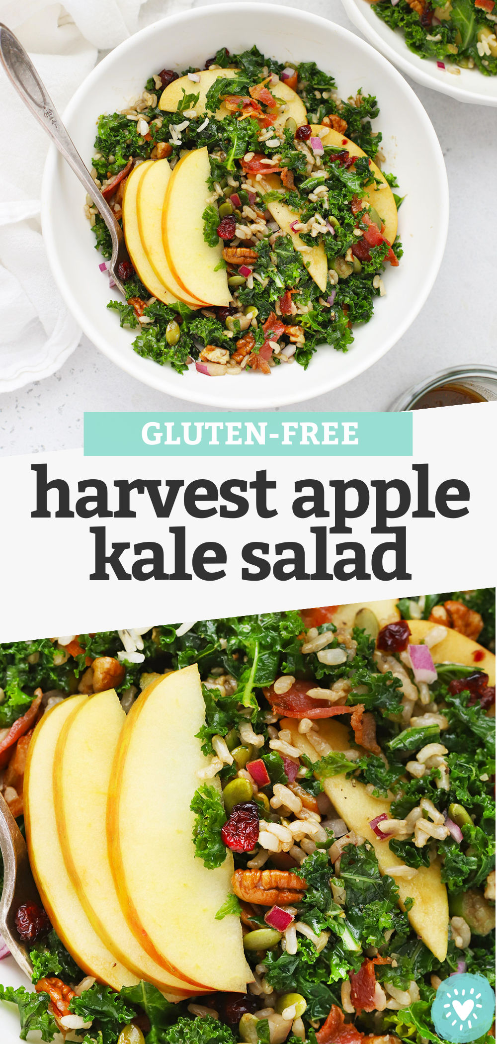 Collage of images of Harvest Apple Kale Salad with text overlay that reads "Gluten-Free Harvest Apple Kale Salad"