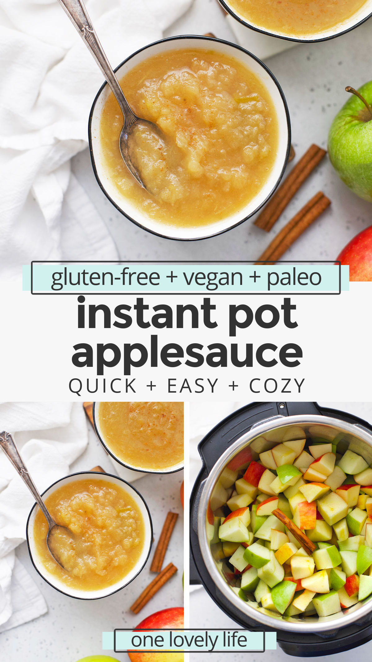 Instant Pot Applesauce - Homemade applesauce made in the pressure cooker! This recipe is easy, delicious, and great for beginners! (Paleo, Vegan) // Instant Pot Applesauce Recipe // No Sugar Added Applesauce // Unsweetened Instant Pot Applesauce #applesauce #instantpot #pressurecooker #sidedish #applerecipes #paleo #vegan