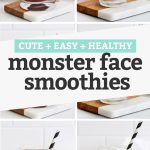 Collage of images of green monster smoothies with text overlay that reads "Cute + Easy + Healthy Monster Smoothies"