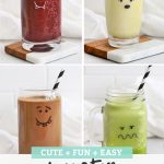 Collage of images of smoothies in glass cups with monster faces drawn on them with text overlay that reads "Cute + Fun + Easy Monster Smoothies"