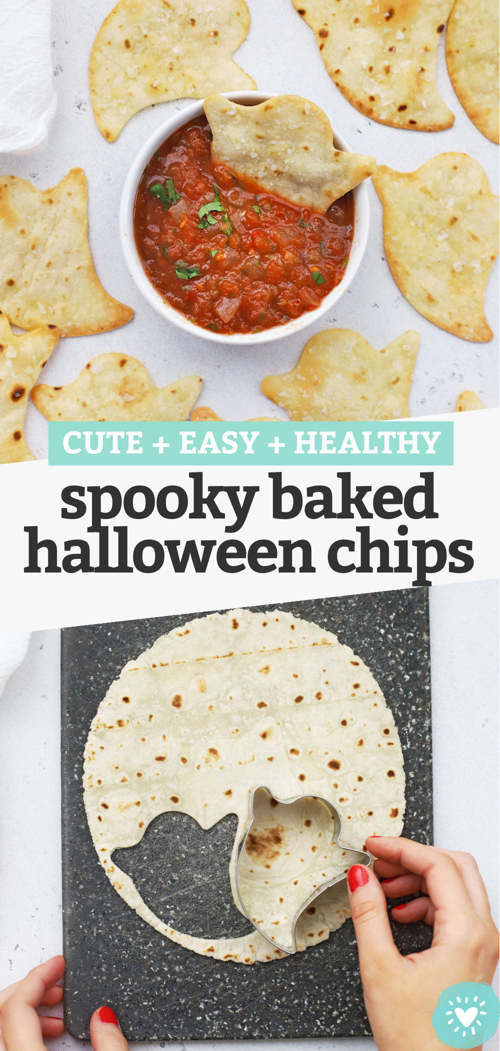 Spooky Baked Ghost Chips - You only need 15 minutes and 3 ingredients to make these adorable Halloween chips. The perfect spooky Halloween snack! Don't miss our favorite dips below! (Gluten-Free, Paleo-Friendly, Vegan-Friendly) // Halloween Snacks for Kids // Healthy Halloween Snack // Baked Ghost Chips // Halloween Chips