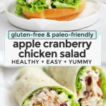 Collage of images of apple cranberry chicken salad sandwiches and wraps with text overlay that reads "gluten-free & paleo-friendly apple cranberry chicken salad: Healthy + easy + Yummy"