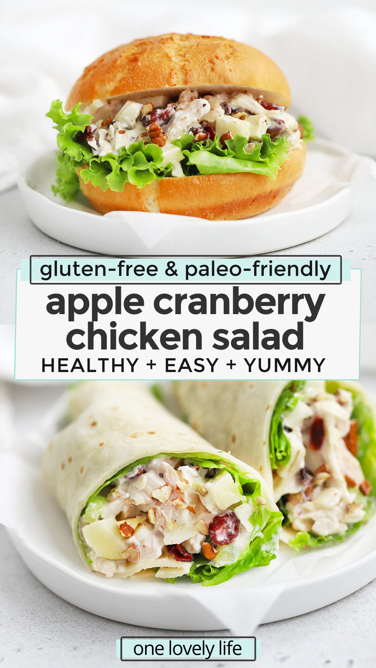 Apple Chicken Salad - This chicken salad with apples is perfect for the start of fall! It's the perfect combination of savory, sweet, creamy, and crunchy. Don't miss all our serving ideas below! (Gluten-Free, Paleo-Friendly) // Apple Chicken Salad // Pecan Chicken Salad // Cranberry Pecan Chicken Salad // Fall Chicken Salad #glutenfree #paleo #chickensalad #mealprep