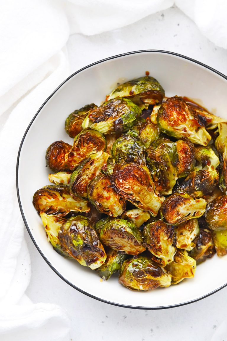 Overhead view of a bowl of roasted balsamic Brussels sprouts