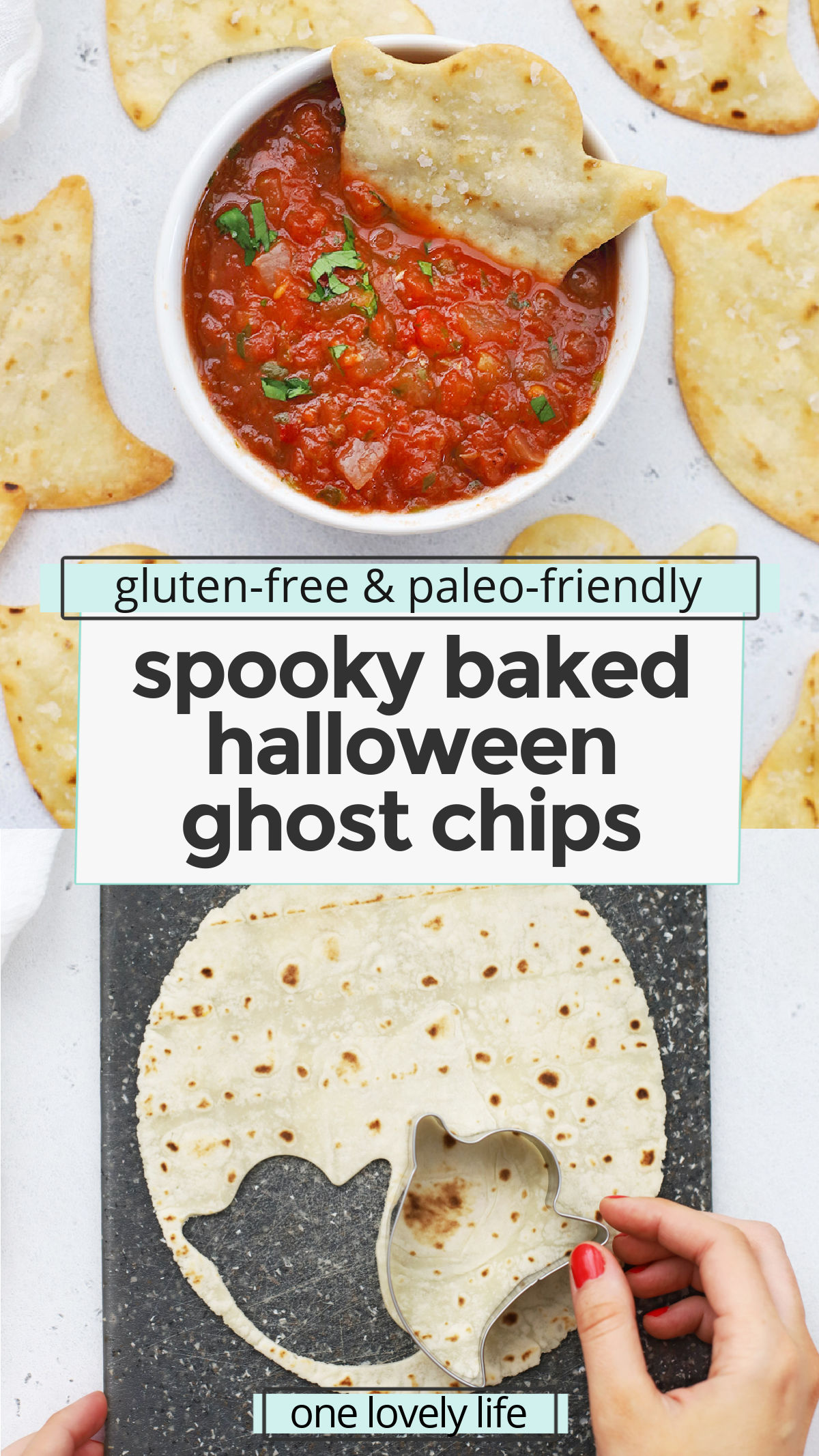 Spooky Baked Ghost Chips - You only need 15 minutes and 3 ingredients to make these adorable Halloween chips. The perfect spooky Halloween snack! Don't miss our favorite dips below! (Gluten-Free, Paleo-Friendly, Vegan-Friendly) // Halloween Snacks for Kids // Healthy Halloween Snack // Baked Ghost Chips // Halloween Chips