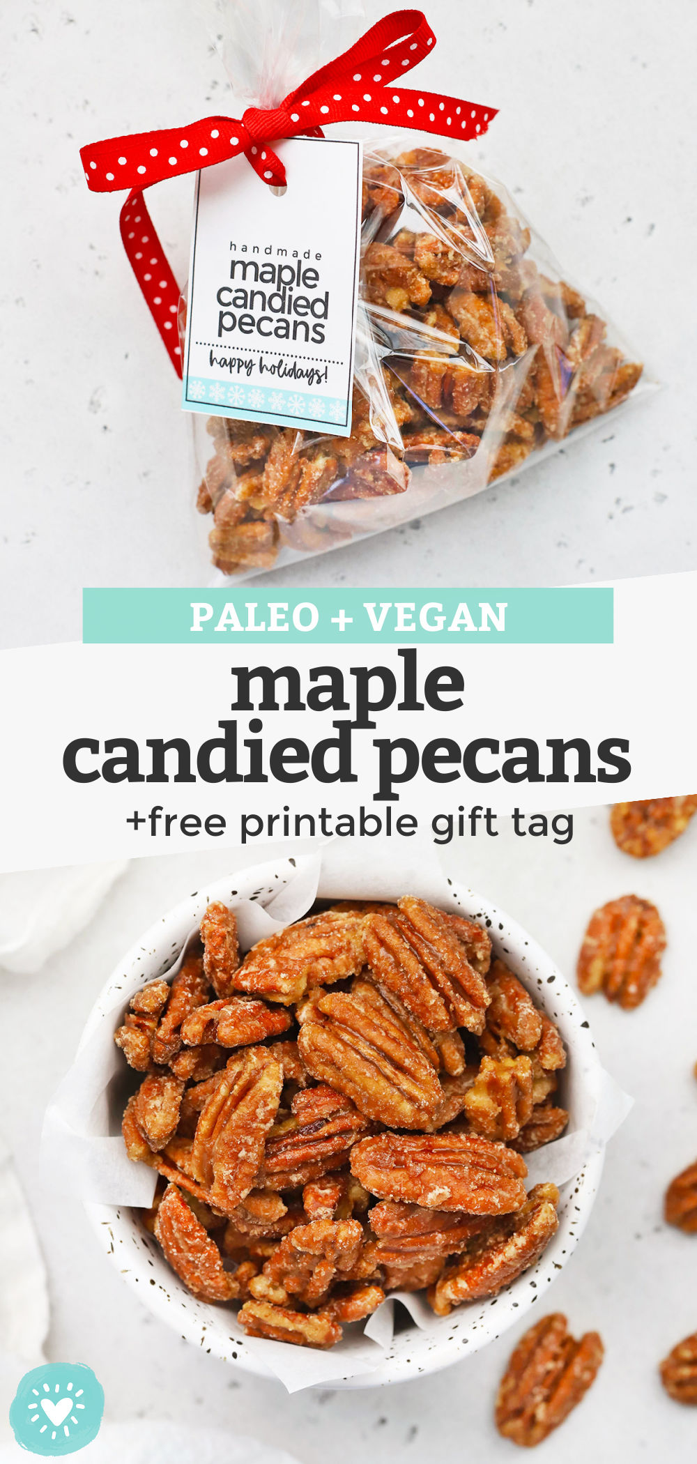 Maple Candied Pecans - These naturally sweetened candied pecans are PERFECT for snacking, holiday gifting, or topping your favorite salad. You'll love them as much as we do! Don't forget the free printable gift tag for gifting! (Paleo + Vegan) // Paleo Candied Pecans // Healthy Candied Pecans // Edible Gift // Holiday Gift // Printable Gift Tag // Cinnamon Candied Pecans #candiedpecans #ediblegift #holidaygift #gifttag