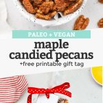 Collage of images of naturally sweetened maple candied pecans with text overlay that reads "Paleo + Vegan Maple Candied Pecans + Free Printable Gift Tags!"