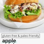 Close up front view of an Apple Cranberry Chicken Salad Sandwich on a Gluten-Free Bun with Lettuce