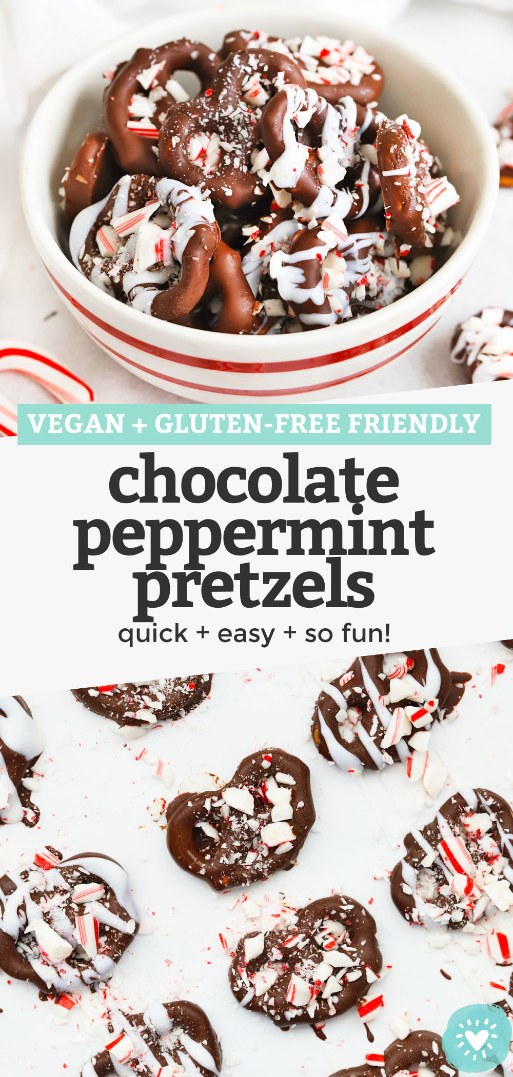 Gluten-Free Chocolate Peppermint Pretzels - These chocolate peppermint dipped pretzels only require 3 ingredients and 20-30 minutes to make. The easiest holiday treat around! (Gluten-Free + Vegan-Friendly) // Vegan Chocolate Peppermint Pretzels // Edible Holiday Gift // Food Gift Idea // Holiday Treat // Candy Cane Pretzels #glutenfree #dairyfree #vegan #dessert #chocolate #pretzels