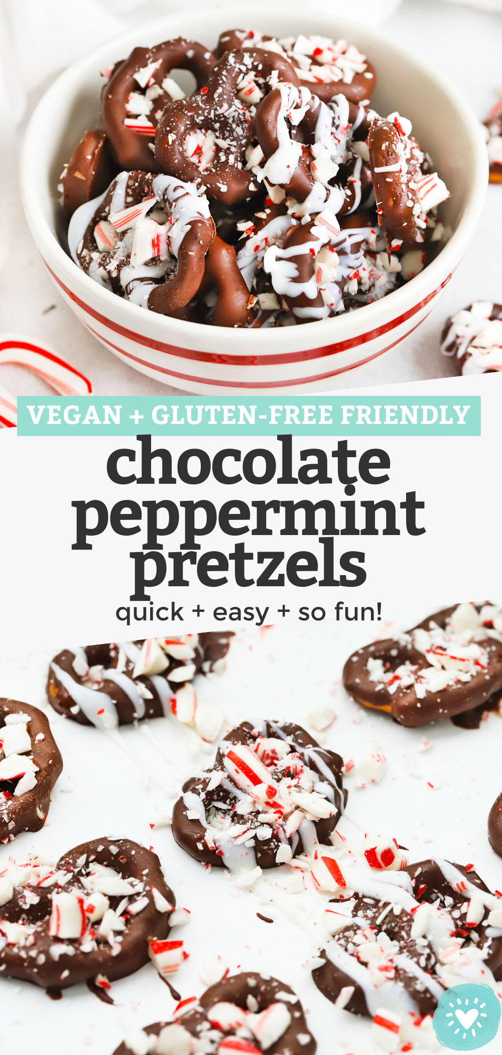 Gluten-Free Chocolate Peppermint Pretzels - These chocolate peppermint dipped pretzels only require 3 ingredients and 20-30 minutes to make. The easiest holiday treat around! (Gluten-Free + Vegan-Friendly) // Vegan Chocolate Peppermint Pretzels // Edible Holiday Gift // Food Gift Idea // Holiday Treat // Candy Cane Pretzels #glutenfree #dairyfree #vegan #dessert #chocolate #pretzels