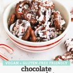 Front view of a red and white striped bowl of gluten-free chocolate peppermint pretzels with text overlay that reads "Vegan + Gluten-Free Friendly Chocolate Peppermint Pretzels: quick + easy + so fun!"