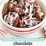 Front view of a red and white striped bowl of gluten-free chocolate peppermint pretzels with text overlay that reads "Vegan + Gluten-Free Friendly Chocolate Peppermint Pretzels: quick + easy + so fun!"