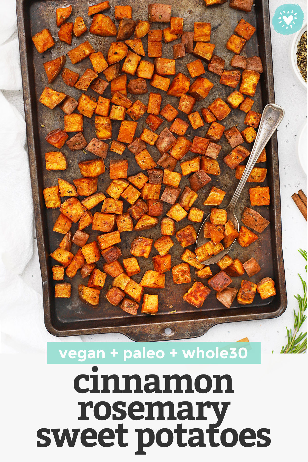 Cinnamon Rosemary Sweet Potatoes - These roasted rosemary sweet potatoes have a gorgeous caramelized texture and a delicious blend of flavors you'll crave over and over again. (Paleo, Vegan, Whole30) // Roasted Sweet Potatoes Recipe // Side Dish // Healthy Recipe #sweetpotatoes #sidedish #whole30 #vegan #paleo