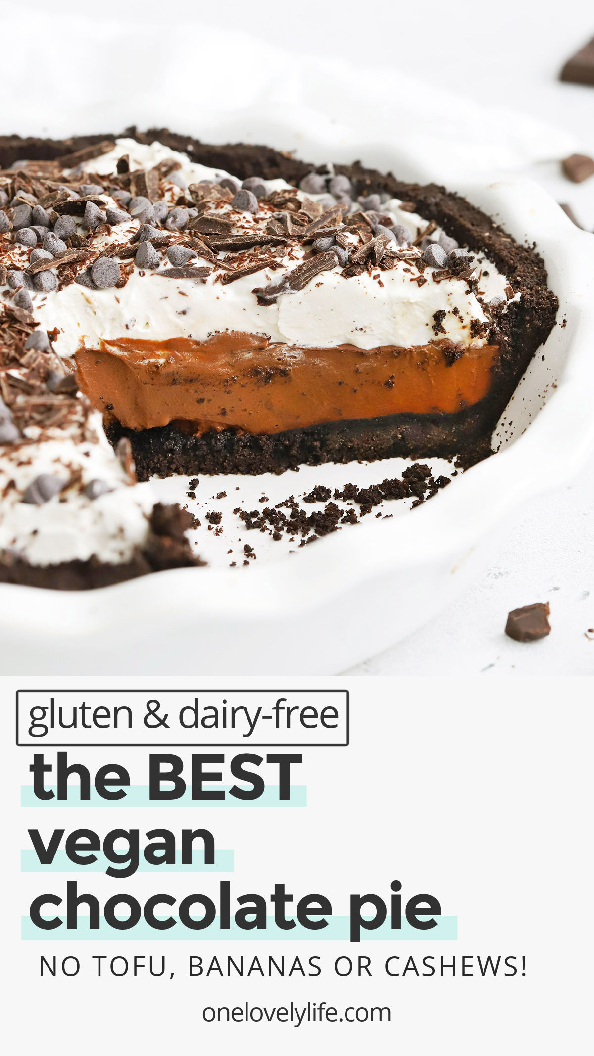 Vegan Chocolate Pie - This gorgeous dairy-free chocolate cream pie has a rich chocolatey filling and crispy chocolate cookie crust your whole family will flip for! (Gluten-Free, Dairy-Free) // Vegan Chocolate Pie // Dairy-Free Chocolate Pie // Vegan Chocolate Pudding Pie // Dairy-Free Chocolate cream pie #chocolate #chocolatepie #glutenfreepie #thanskgiving #vegan #glutenfree