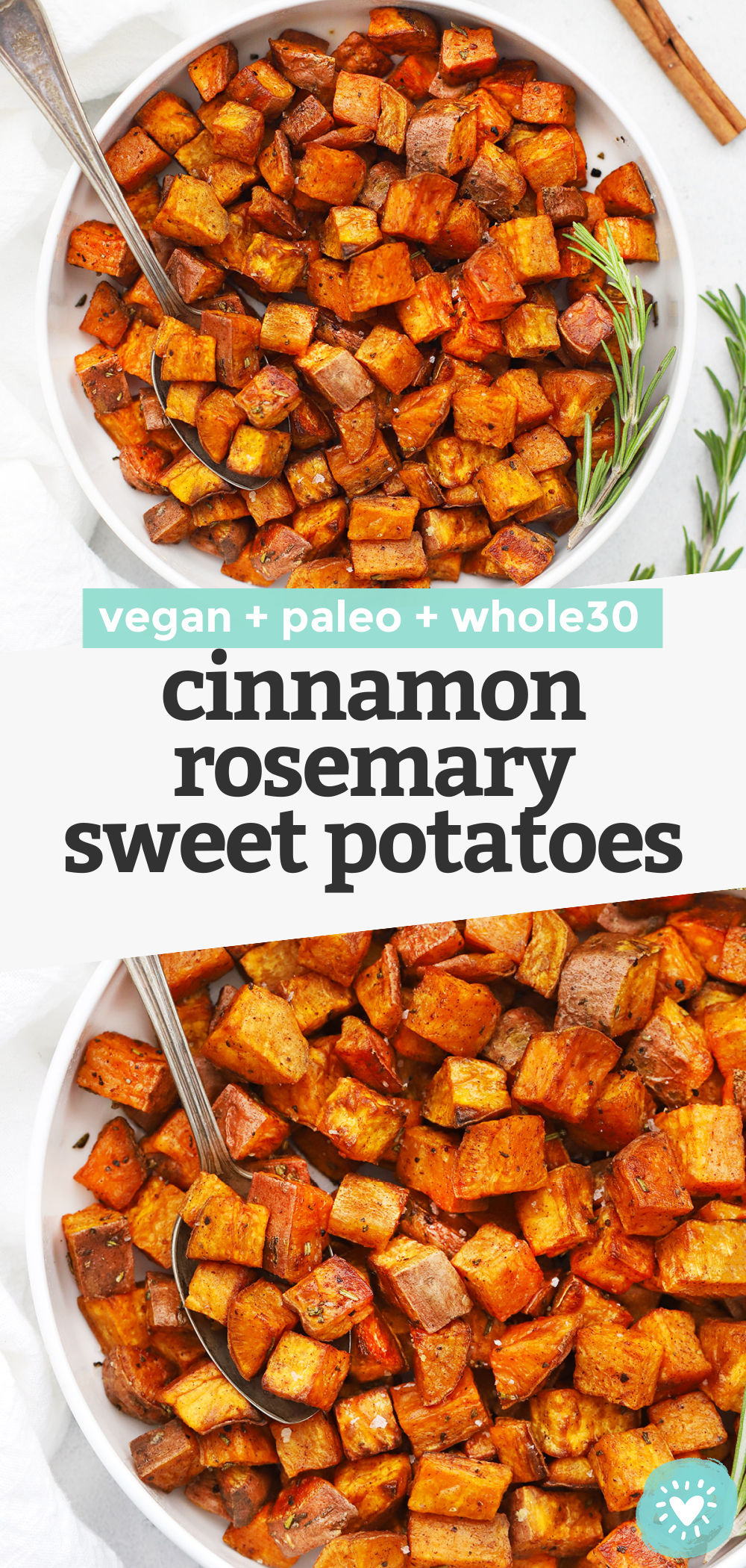 Cinnamon Rosemary Sweet Potatoes - These roasted rosemary sweet potatoes have a gorgeous caramelized texture and a delicious blend of flavors you'll crave over and over again. (Paleo, Vegan, Whole30) // Roasted Sweet Potatoes Recipe // Side Dish // Healthy Recipe #sweetpotatoes #sidedish #whole30 #vegan #paleo