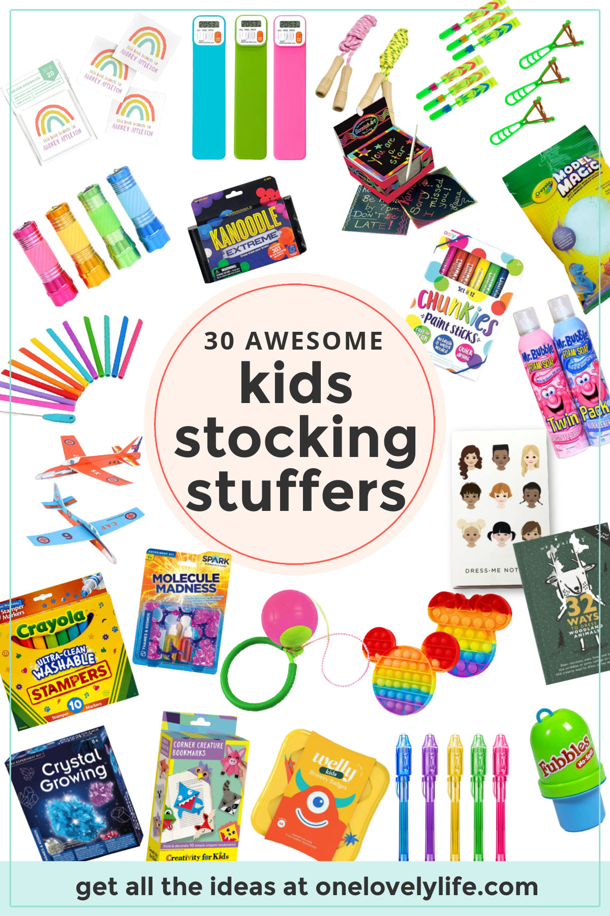 Creative Kids Stocking Stuffers with text overlay that reads "30 awesome stocking stuffers for kids"