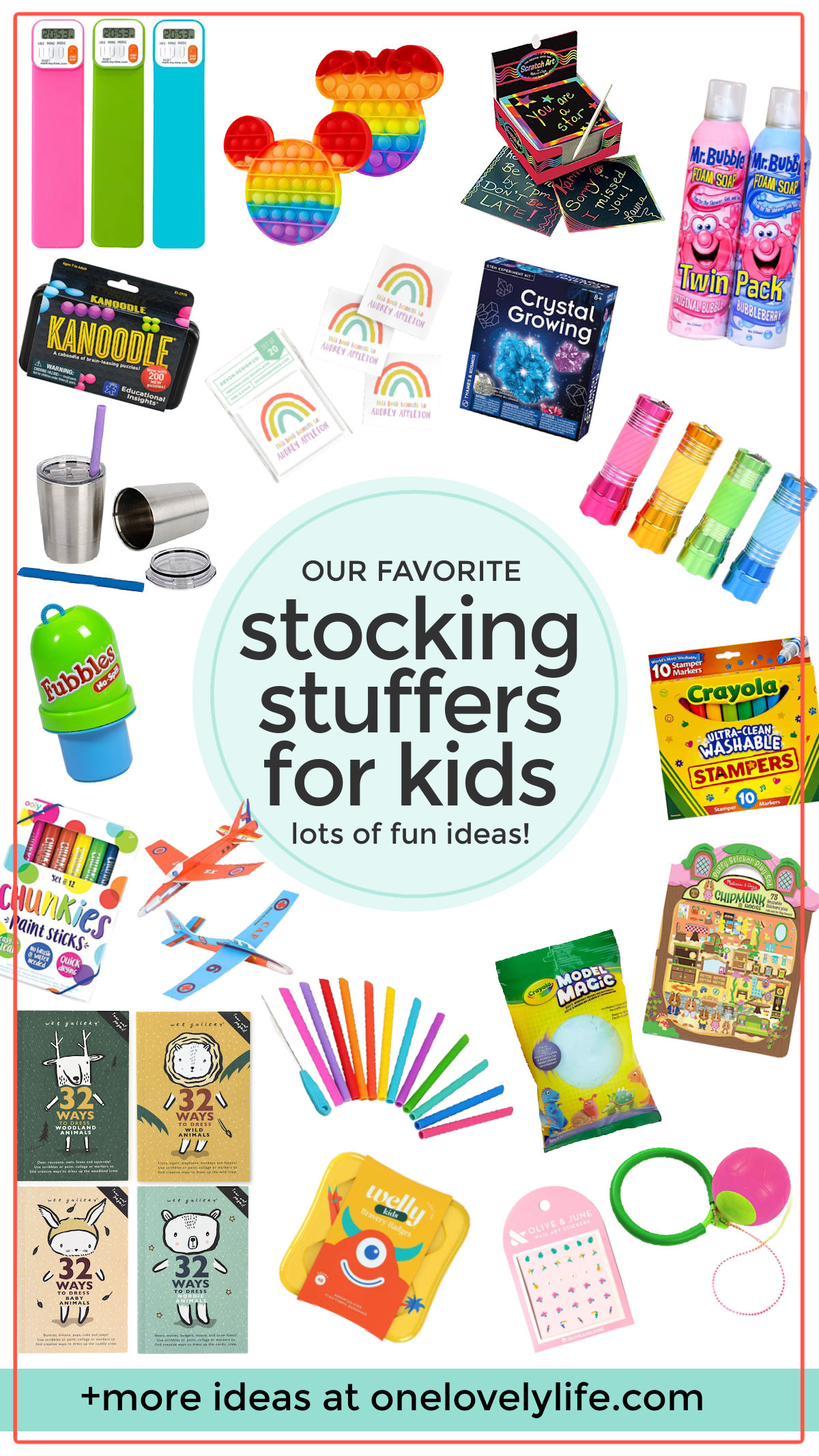 Creative Kids Stocking Stuffers with text overlay that reads "30 awesome stocking stuffers for kids"