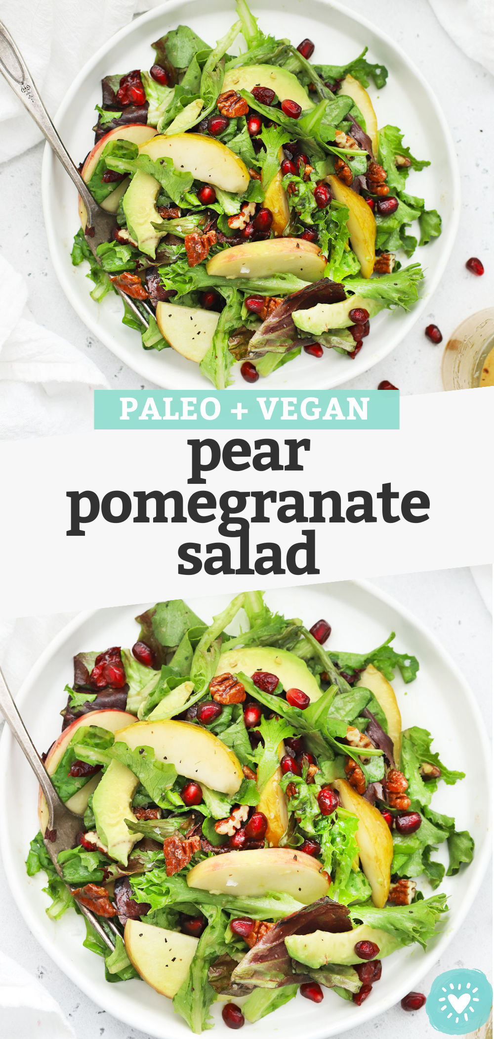Pear Pomegranate Salad  - This pear and pomegranate salad has a beautiful mix of color and flavor. You'll love the simple dressing that ties it all together! (Gluten-Free + Vegan) // Pomegranate Salad Recipe // Side Salad // Holiday salad // Christmas side dish // Thanksgiving side dish #pomegranate #salad #sidedish #sidesalad #paleo #vegan