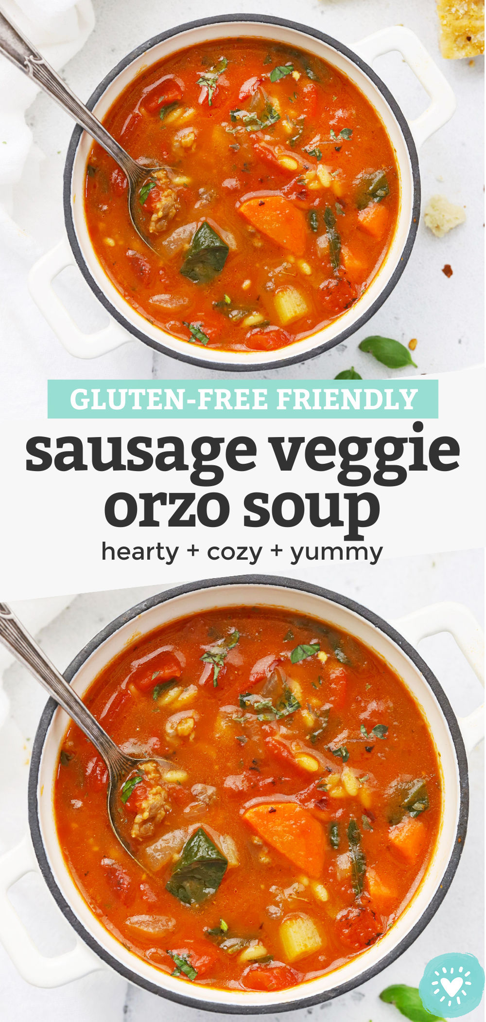 Sausage Orzo Soup - This Sausage Vegetable Orzo Soup is loaded with gorgeous Italian-inspired flavors and tender pasta. It's perfect for a cozy day! (Gluten-Free) // Orzo Veggie Soup // Sausage Veggie Orzo Soup Recipe // Gluten free Soup // Orzo recipe #orzo #soup #glutenfree