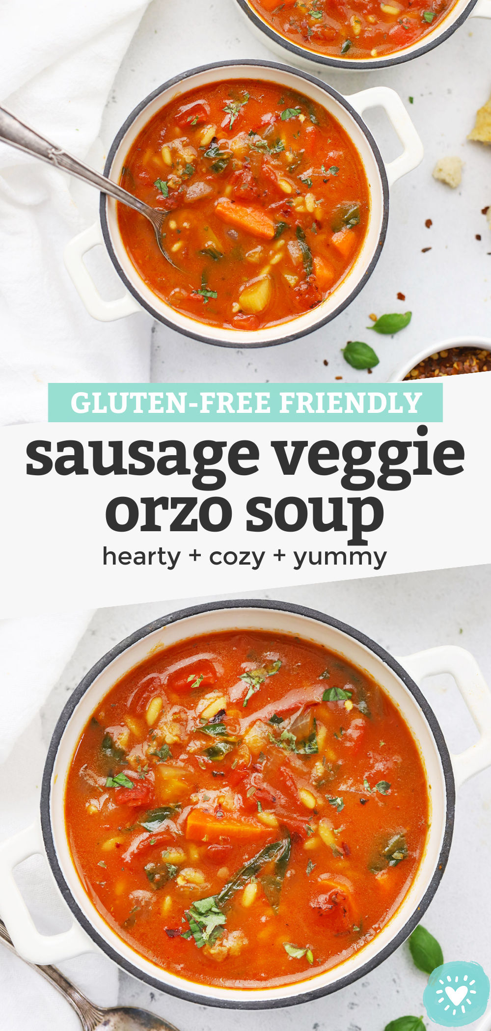 Sausage Orzo Soup - This Sausage Vegetable Orzo Soup is loaded with gorgeous Italian-inspired flavors and tender pasta. It's perfect for a cozy day! (Gluten-Free) // Orzo Veggie Soup // Sausage Veggie Orzo Soup Recipe // Gluten free Soup // Orzo recipe #orzo #soup #glutenfree