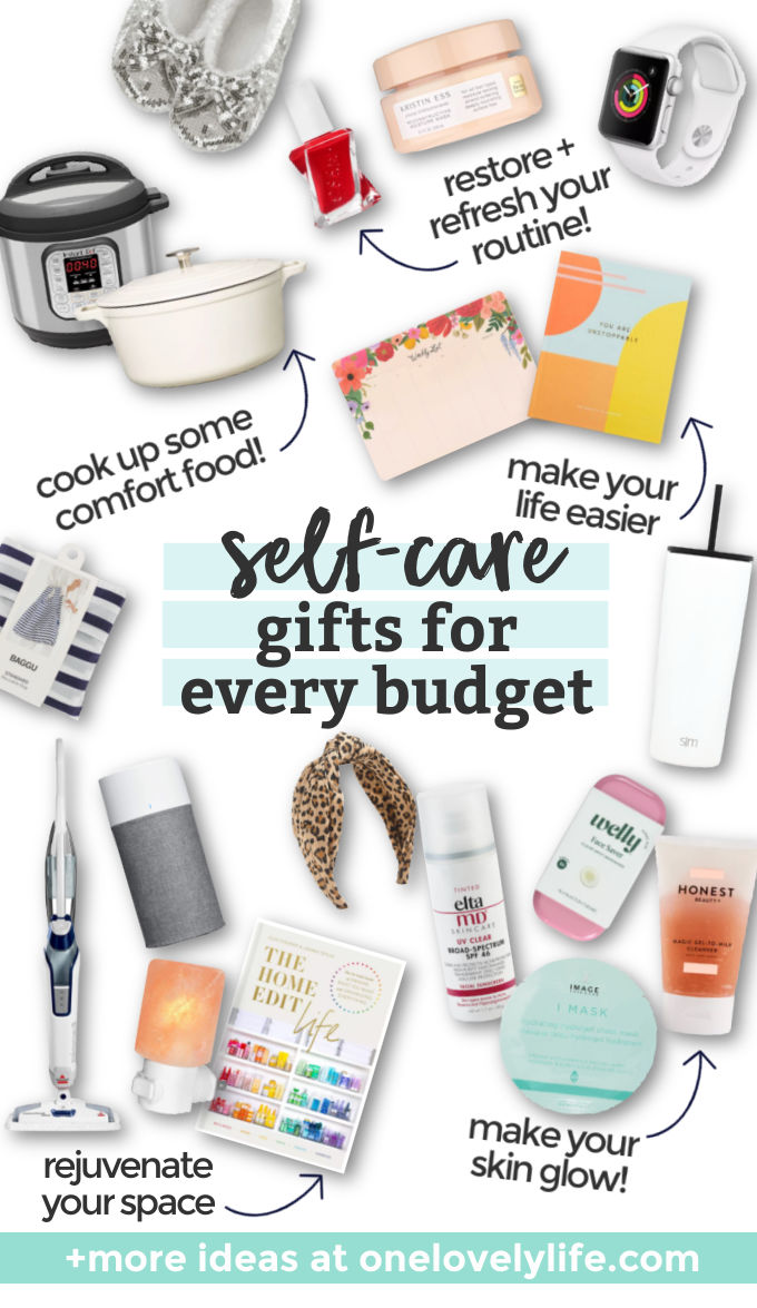 Collage of images of self-care gifts with text overlay that reads "Our Favorite Self-Care Gifts For Every Budget. Friends + Sisters + Moms + You!"