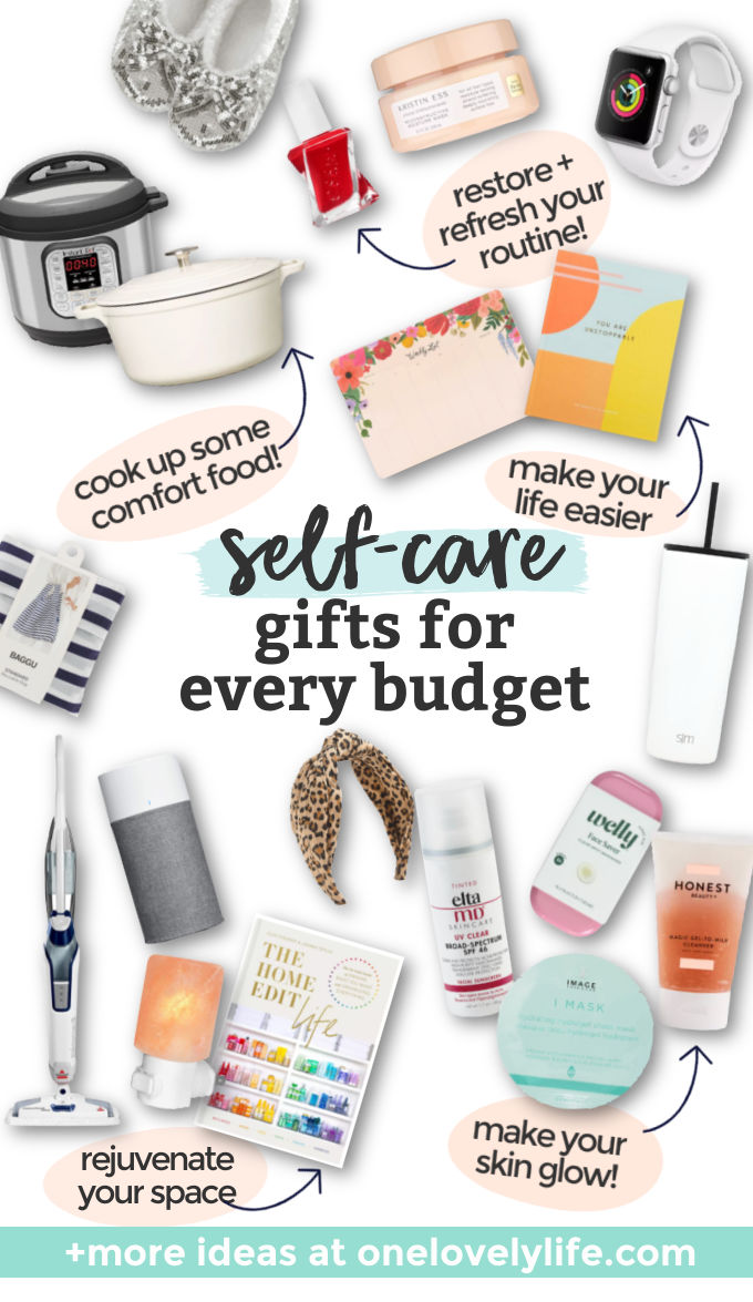 Collage of images of self-care gifts with text overlay that reads "Our Favorite Self-Care Gifts For Every Budget. Friends + Sisters + Moms + You!"