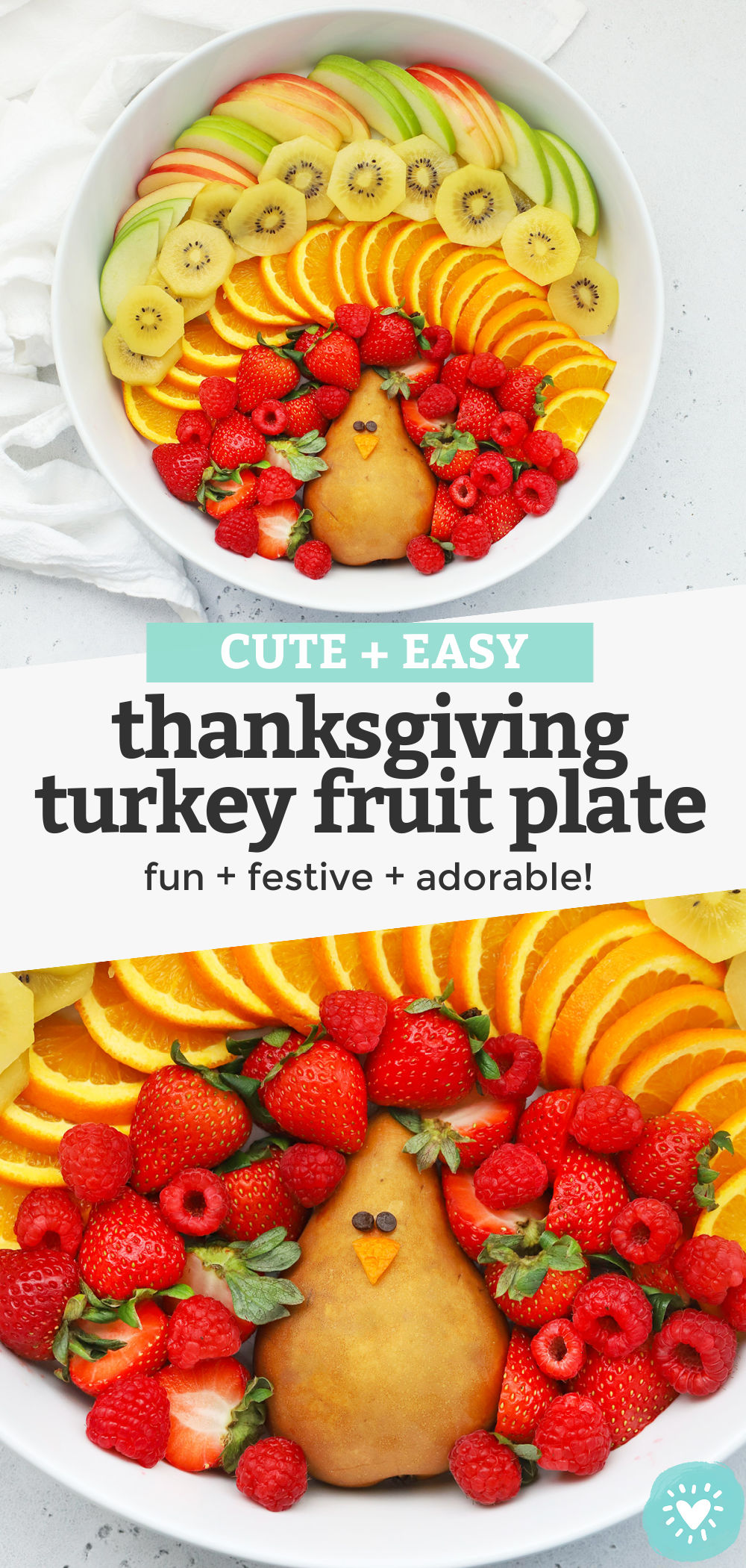 Thanksgiving Turkey Fruit Plate - This turkey-shaped Thanksgiving fruit platter looks adorable at holiday get-togethers and parties. It's a favorite with kids and grown-ups alike! (Naturally gluten-free, vegan & paleo) // Thanksgiving Appetizer // Thanksgiving Snack // Thanksgiving Fruit Platter // Turkey Fruit Platter // Fall Appetizer // #paleo #vegan #thanksgiving #appetizer #turkey #fruitplate #fruitplatter #healthysnack