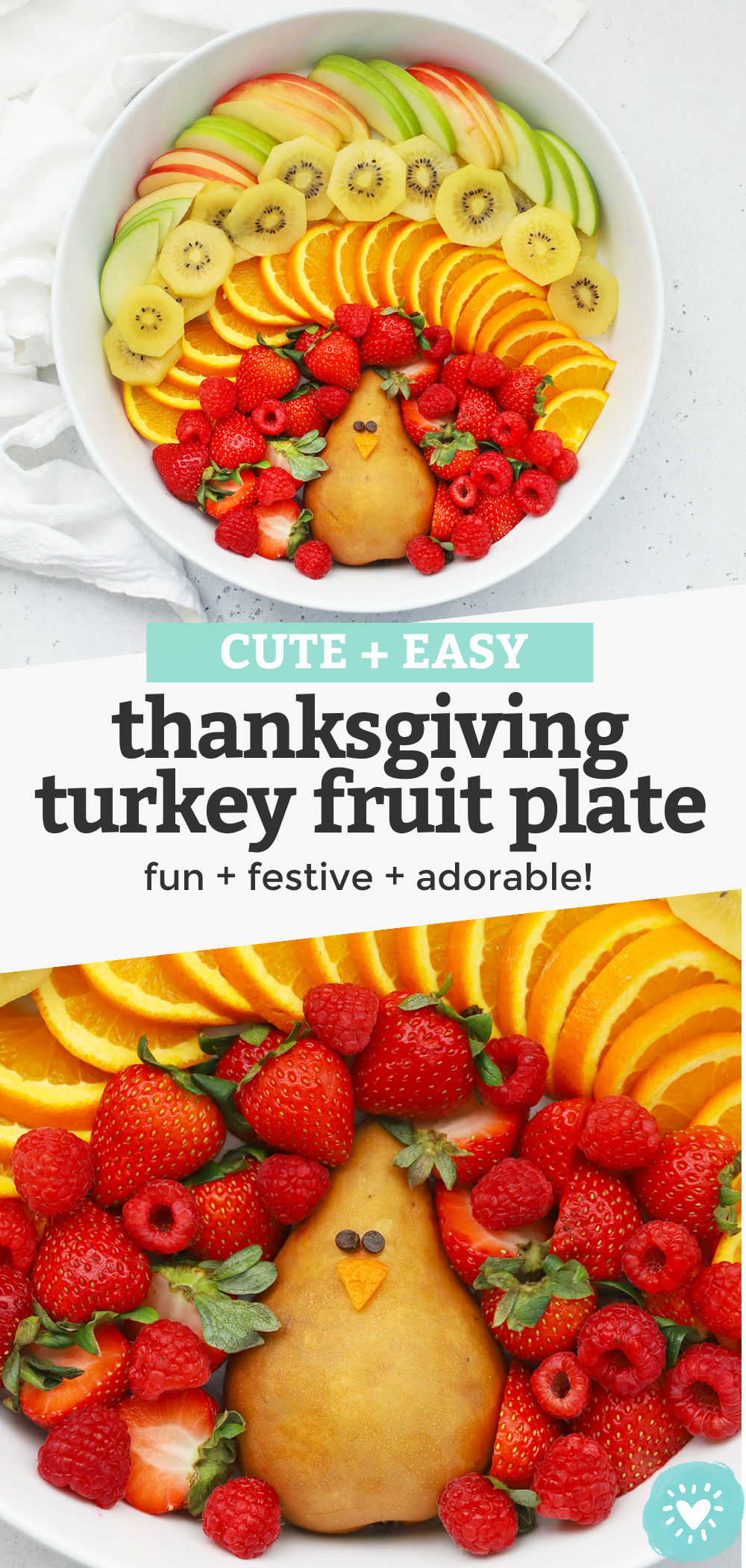 Thanksgiving Turkey Fruit Plate - This turkey-shaped Thanksgiving fruit platter looks adorable at holiday get-togethers and parties. It's a favorite with kids and grown-ups alike! (Naturally gluten-free, vegan & paleo) // Thanksgiving Appetizer // Thanksgiving Snack // Thanksgiving Fruit Platter // Turkey Fruit Platter // Fall Appetizer // #paleo #vegan #thanksgiving #appetizer #turkey #fruitplate #fruitplatter #healthysnack