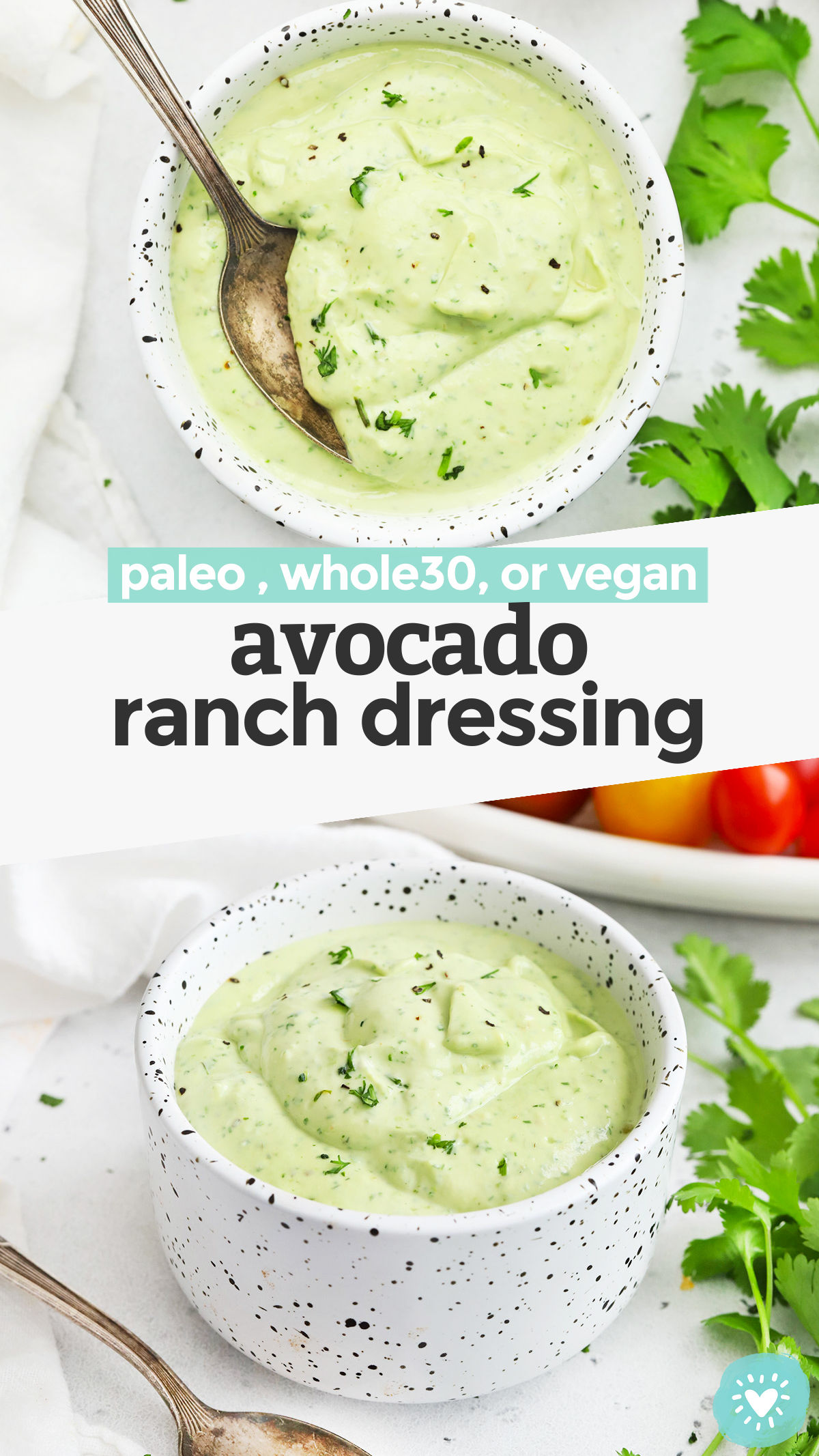 Creamy Avocado Ranch - This avocado ranch dressing recipe is everything I love about ranch dressing and avocados combined! It's an awesome dip for veggies, addition to tacos, or topping for salads. // Paleo Avocado Ranch // Vegan Avocado Ranch // Avocado Ranch Dip // Whole30 Avocado Ranch #paleoranch #avocadoranch #healthydip #avocado