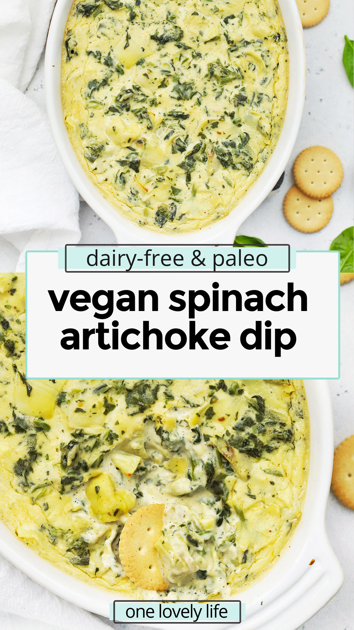 Vegan Artichoke Dip - Our vegan spinach artichoke dip is warm, cozy, and delicious. It's a perfect holiday or party appetizer and goes great with crackers, sliced baguettes, and more! (Dairy-Free, Paleo) // Paleo Artichoke Dip // Paleo Spinach Artichoke Dip // Dairy-Free Artichoke Dip // Paleo Appetizer // Vegan Appetizer // Dairy Free Spinach Artichoke Dip // Paleo Spinach Artichoke Dip