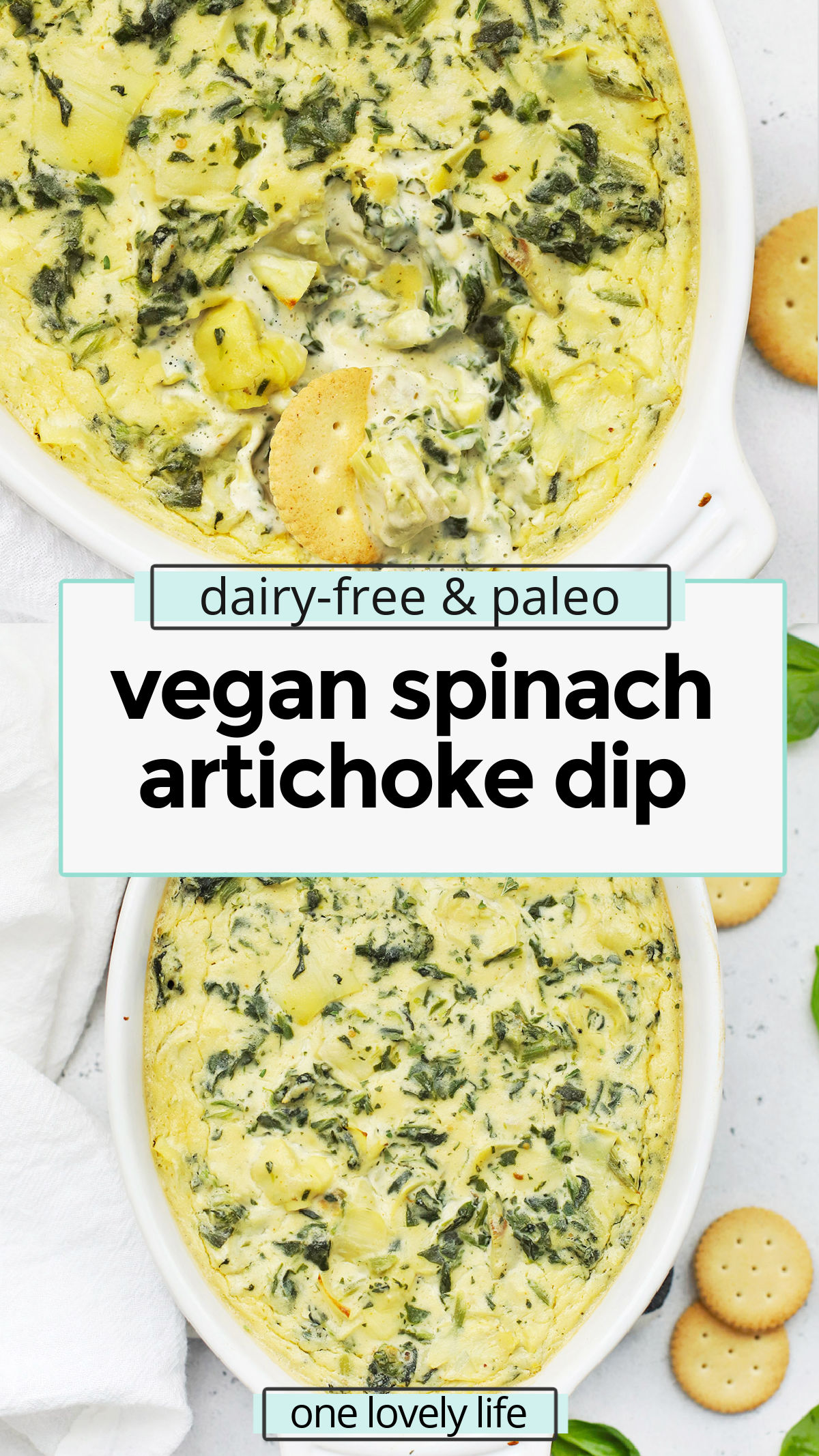 Vegan Artichoke Dip - Our vegan spinach artichoke dip is warm, cozy, and delicious. It's a perfect holiday or party appetizer and goes great with crackers, sliced baguettes, and more! (Dairy-Free, Paleo) // Paleo Artichoke Dip // Paleo Spinach Artichoke Dip // Dairy-Free Artichoke Dip // Paleo Appetizer // Vegan Appetizer // Dairy Free Spinach Artichoke Dip // Paleo Spinach Artichoke Dip