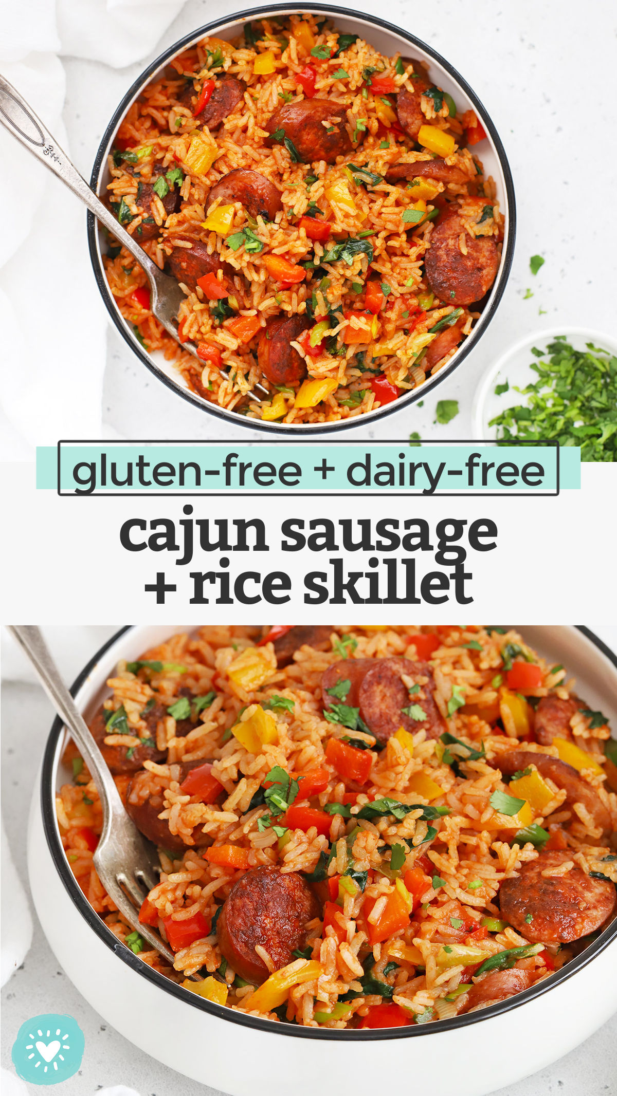Cajun Sausage and Rice Skillet - This easy one pan dinner comes together in a flash, but packs some serious flavor! A family-friendly dinner that's easy enough to make any night of the week! (Gluten-Free, Dairy-Free) // One-Pan Dinner // Easy Dinner // Cajun Rice // Gluten-Free Dinner #glutenfree #easydinner #rice #onepan #skillet