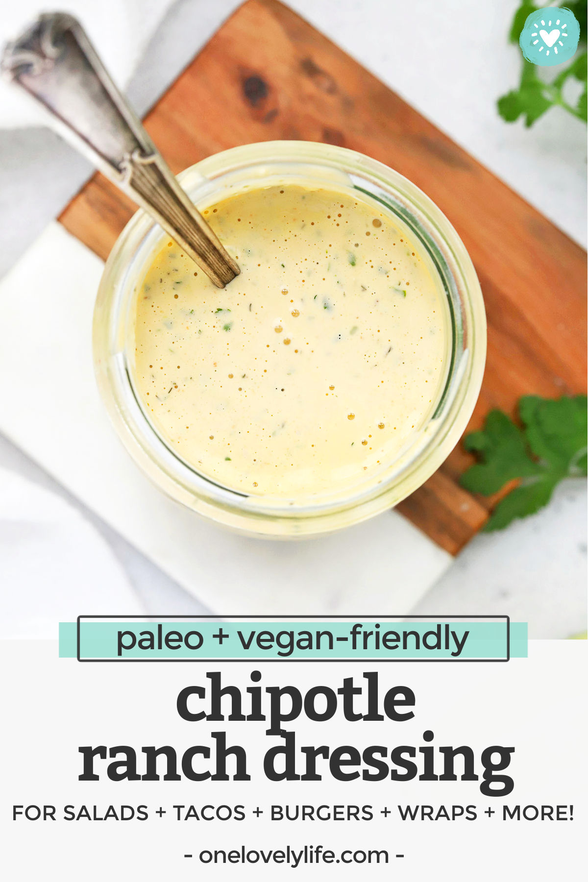 Chipotle Ranch Dressing or Dip - This smoky, slightly spicy ranch dressing is a delicious way to add some kick to your meals. Don't miss our big list of ways to use it! (Dairy-Free, Gluten-Free, Paleo + Vegan Friendly) // Dairy-Free Chipotle Ranch // Vegan Chipotle Ranch // Paleo Chipotle Ranch #ranch #paleo #vegan #dip