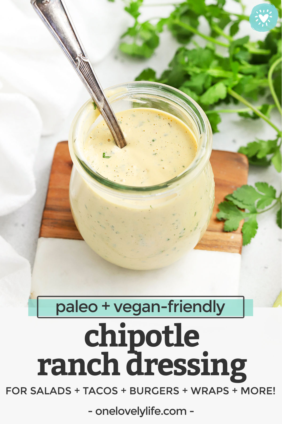 Chipotle Ranch Dressing or Dip - This smoky, slightly spicy ranch dressing is a delicious way to add some kick to your meals. Don't miss our big list of ways to use it! (Dairy-Free, Gluten-Free, Paleo + Vegan Friendly) // Dairy-Free Chipotle Ranch // Vegan Chipotle Ranch // Paleo Chipotle Ranch #ranch #paleo #vegan #dip