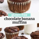 Collage of images of gluten-free chocolate banana muffins with text overlay that reads "gluten-free chocolate banana muffins"