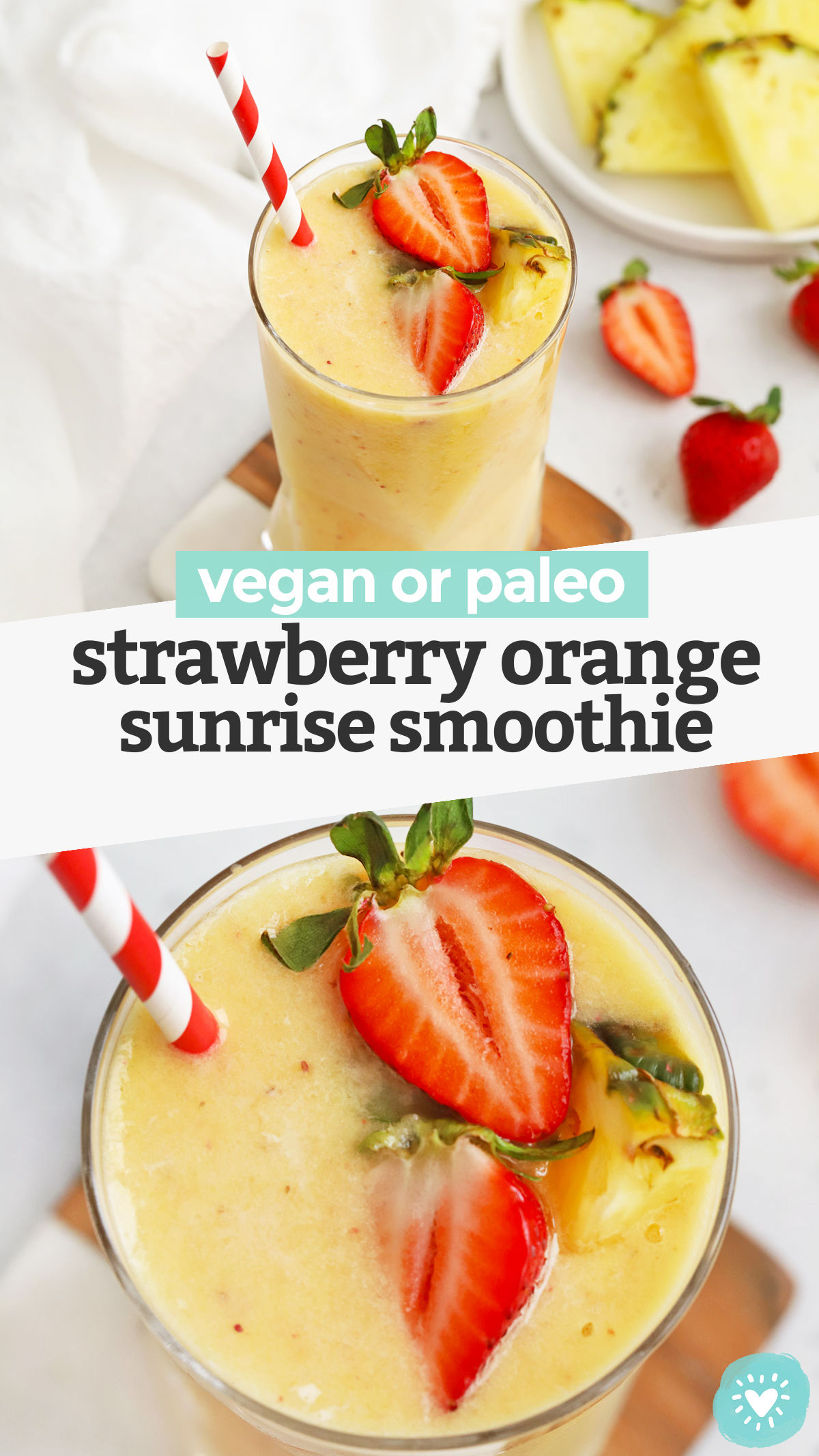 Strawberry Orange Sunrise Smoothie - This creamy strawberry mango pineapple smoothie has bright, fresh flavor that feels like taking your tastebuds on vacation! (Paleo or Vegan) // Strawberry Mango Smoothie // Strawberry Pineapple Smoothie // Strawberry Orange Smoothie // Healthy smoothie // healthy snack #paleo #vegan #smoothie