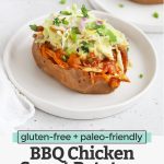 Front view of a BBQ Chicken Stuffed Sweet Potato Topped with Coleslaw on a White Background with text overlay that reads "gluten-free + paleo-friendly BBQ Chicken Sweet Potatoes. An Easy + Delicious Dinner Idea"