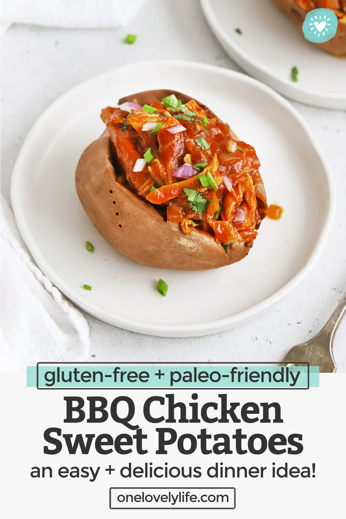 BBQ Chicken Stuffed Sweet Potatoes - Baked sweet potatoes stuffed with tender barbecue chicken and topped with goodies. We love this easy dinner! (Gluten-Free, Paleo, Whole30 Friendly) // Barbecue Chicken Stuffed Sweet Potatoes // Barbecue Sweet Potatoes // Stuffed Sweet Potatoes // Baked Sweet Potato Toppings #paleo #sweetpotato #bakedpotatoe #whole30 #glutenfree #bbq