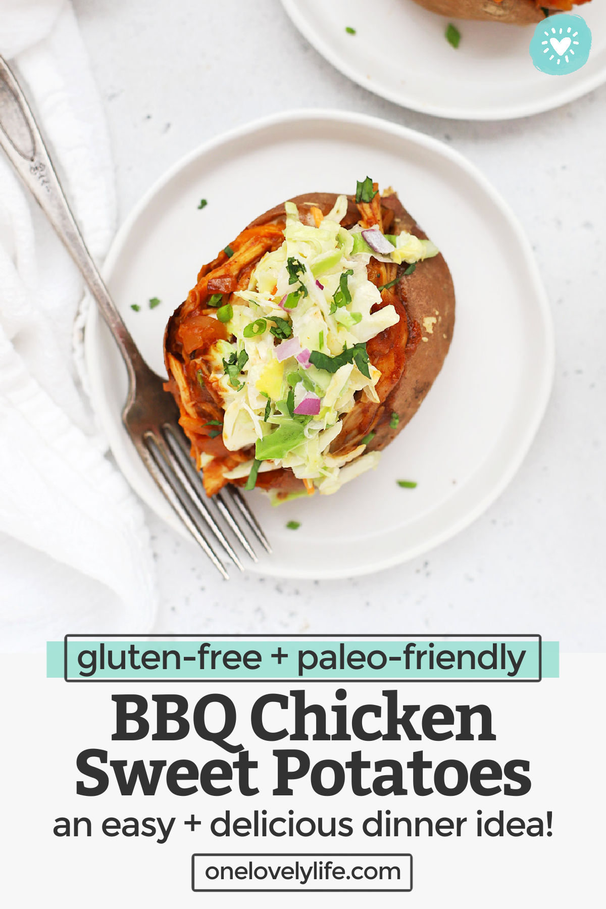 BBQ Chicken Stuffed Sweet Potatoes - Baked sweet potatoes stuffed with tender barbecue chicken and topped with goodies. We love this easy dinner! (Gluten-Free, Paleo, Whole30 Friendly) // Barbecue Chicken Stuffed Sweet Potatoes // Barbecue Sweet Potatoes // Stuffed Sweet Potatoes // Baked Sweet Potato Toppings #paleo #sweetpotato #bakedpotatoe #whole30 #glutenfree #bbq