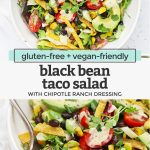 Collage of images of vegetarian black bean taco salad with text overlay that reads "gluten-free + vegan-friendly black bean taco salad with chipotle ranch dressing"