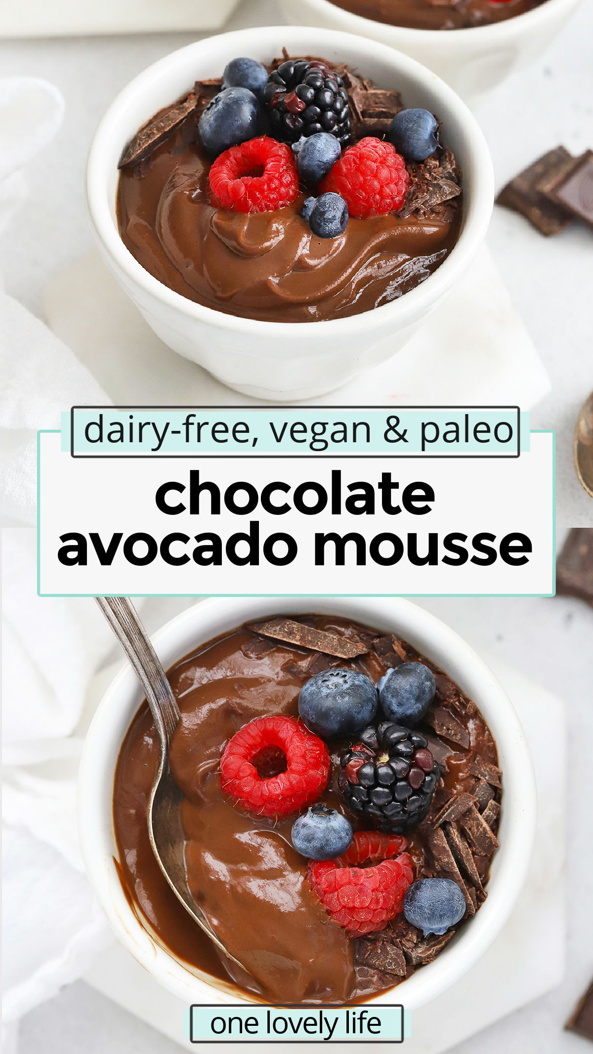 Chocolate Avocado Mousse - This velvety vegan chocolate mousse recipe has all the gorgeous flavor you're looking for and an ingredient list you're going to love! (Paleo, dairy-free). // paleo chocolate mousse // healthy chocolate mousse // dairy-free chocolate mousse // Avocado Chocolate pudding // Healthy dessert // chocolate avocado pudding // healthy pudding // healthy mousse recipe // healthy dessert // valentine's day dessert // no bake dessert recipe