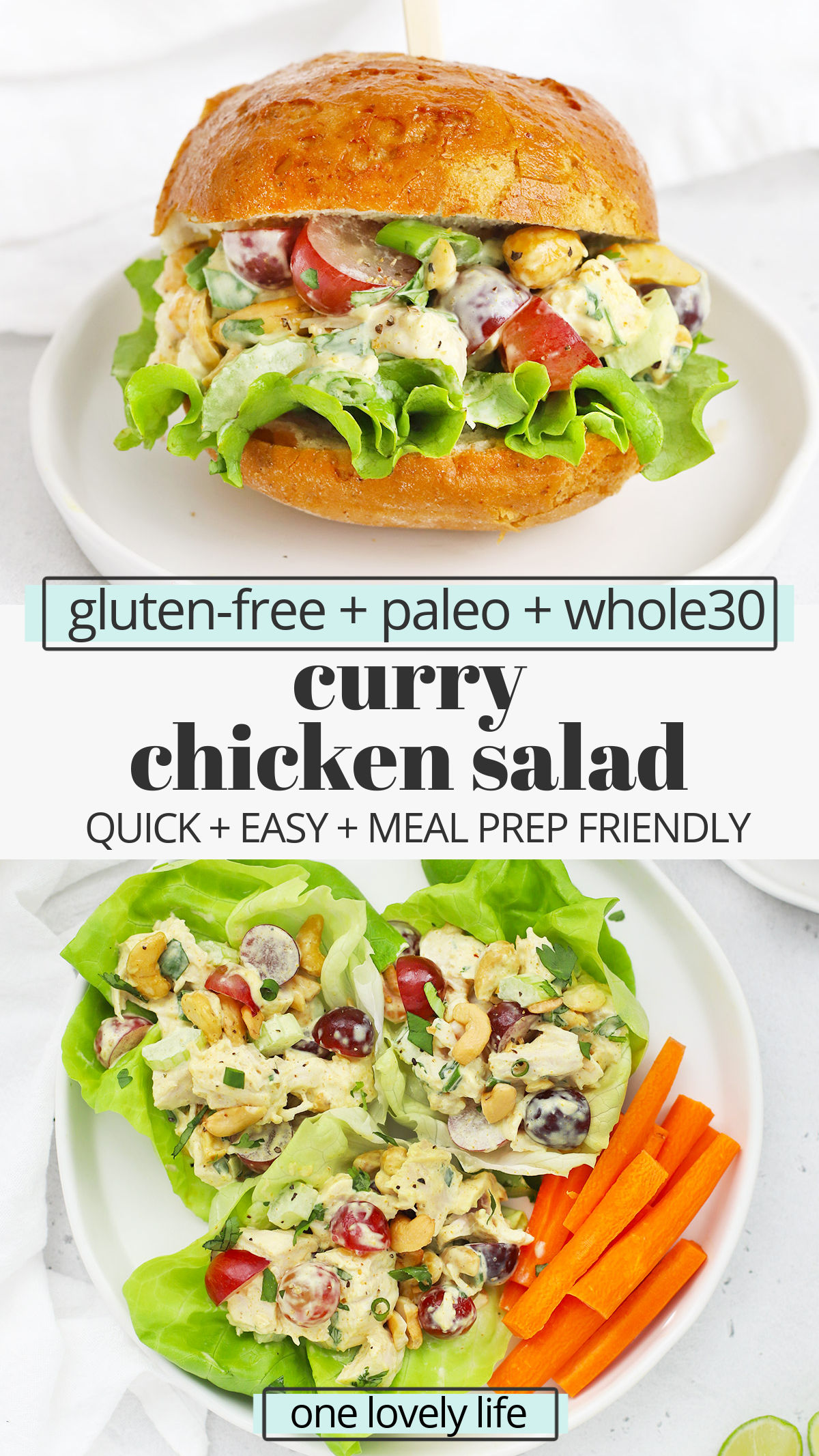 Curry Chicken Salad - Our healthy curry chicken salad with grapes is easy, fresh, and delicious. A perfect easy lunch or dinner any day of the week. (Gluten-Free, Paleo-Friendly, Whole30-Friendly) // Paleo Curry Chicken Salad // Whole30 Curry Chicken Salad // Healthy Meal-Prep Lunch