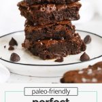 stacked gluten-free brownies on a white plate