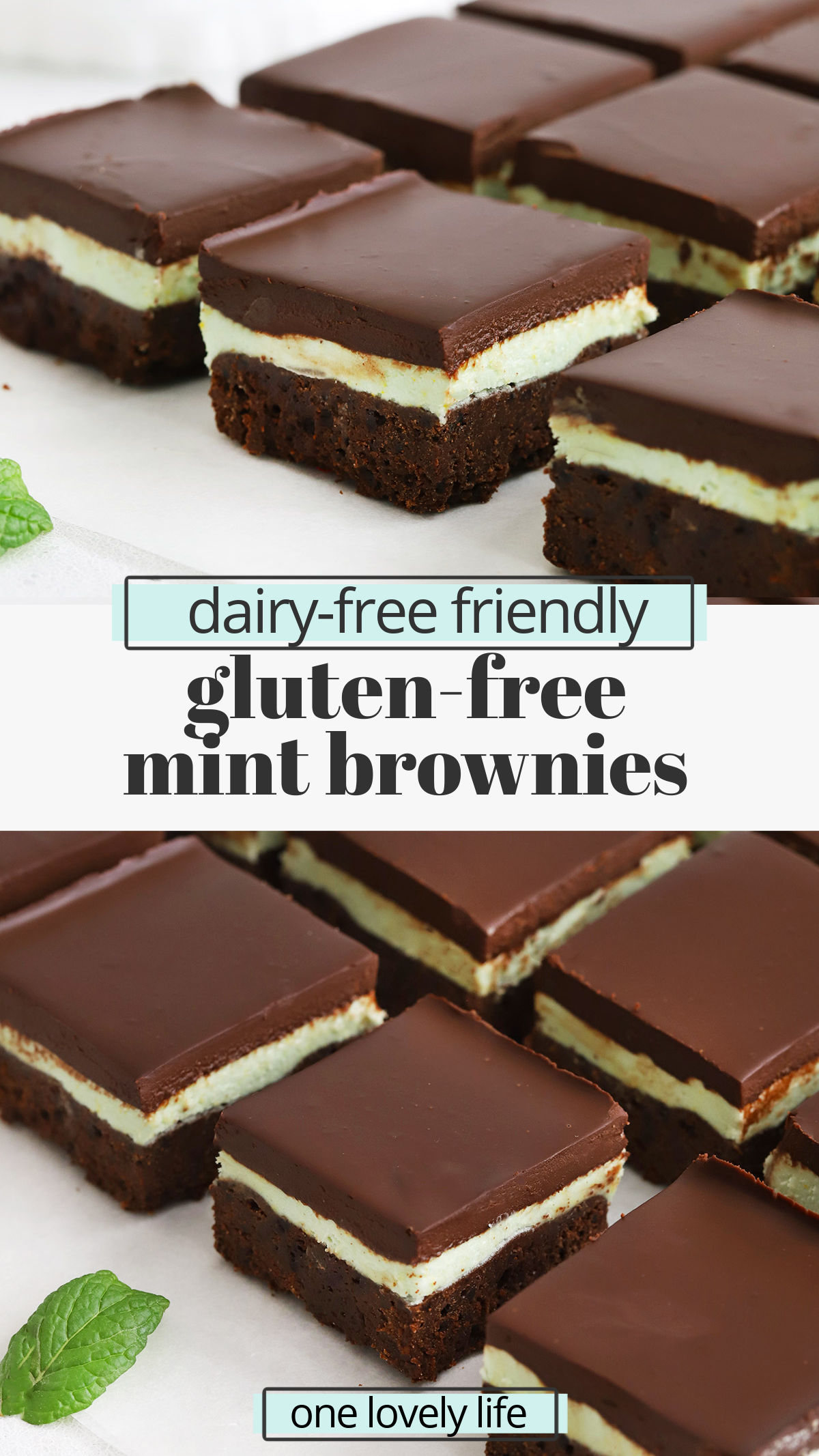 Gluten-Free Mint Brownies - Fudgy gluten-free brownies topped with mint frosting & chocolate ganache make a perfect retro treat! (Dairy-Free) // Gluten Free Mint Brownies // Gluten Free Frosted Mint Brownies // Gluten Free Grasshopper Brownies // Gluten Free BYU Mint Brownies // Mint Frosted Brownies // Gluten Free Frosted Brownies