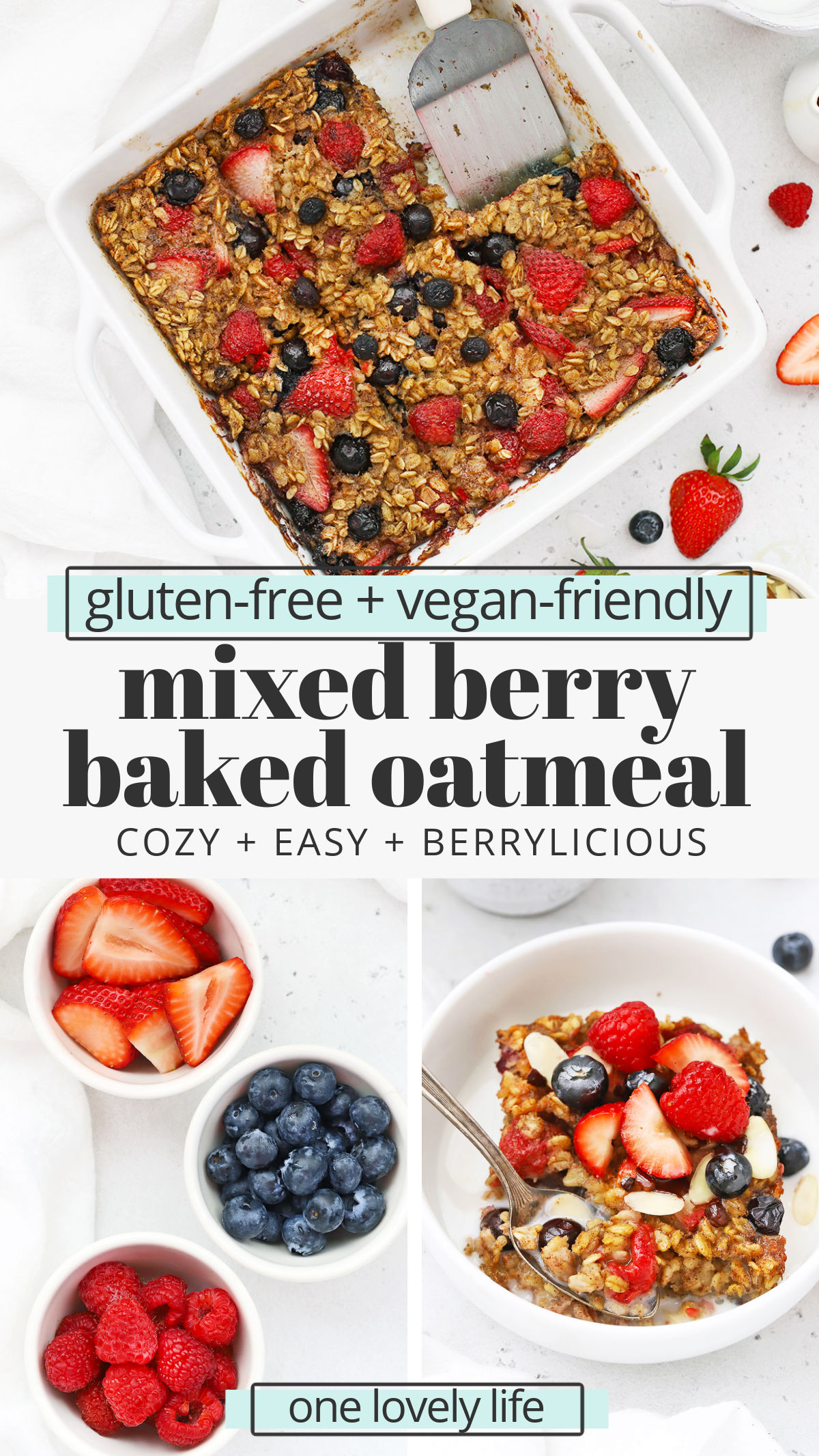 Mixed Berry Baked Oatmeal! This triple berry baked oatmeal recipe is a delightful healthy meal prep breakfast perfect for a crowd. (Gluten-Free, Vegan-Friendly) // Healthy Berry Baked Oatmeal // Vegan Berry Baked Oatmeal // Gluten-Free Berry Baked Oatmeal // Meal Prep Breakfast Recipe // Baked Oatmeal Recipe // Spring Breakfast #glutenfree #bakedoatmeal #berries #oatmeal #vegan