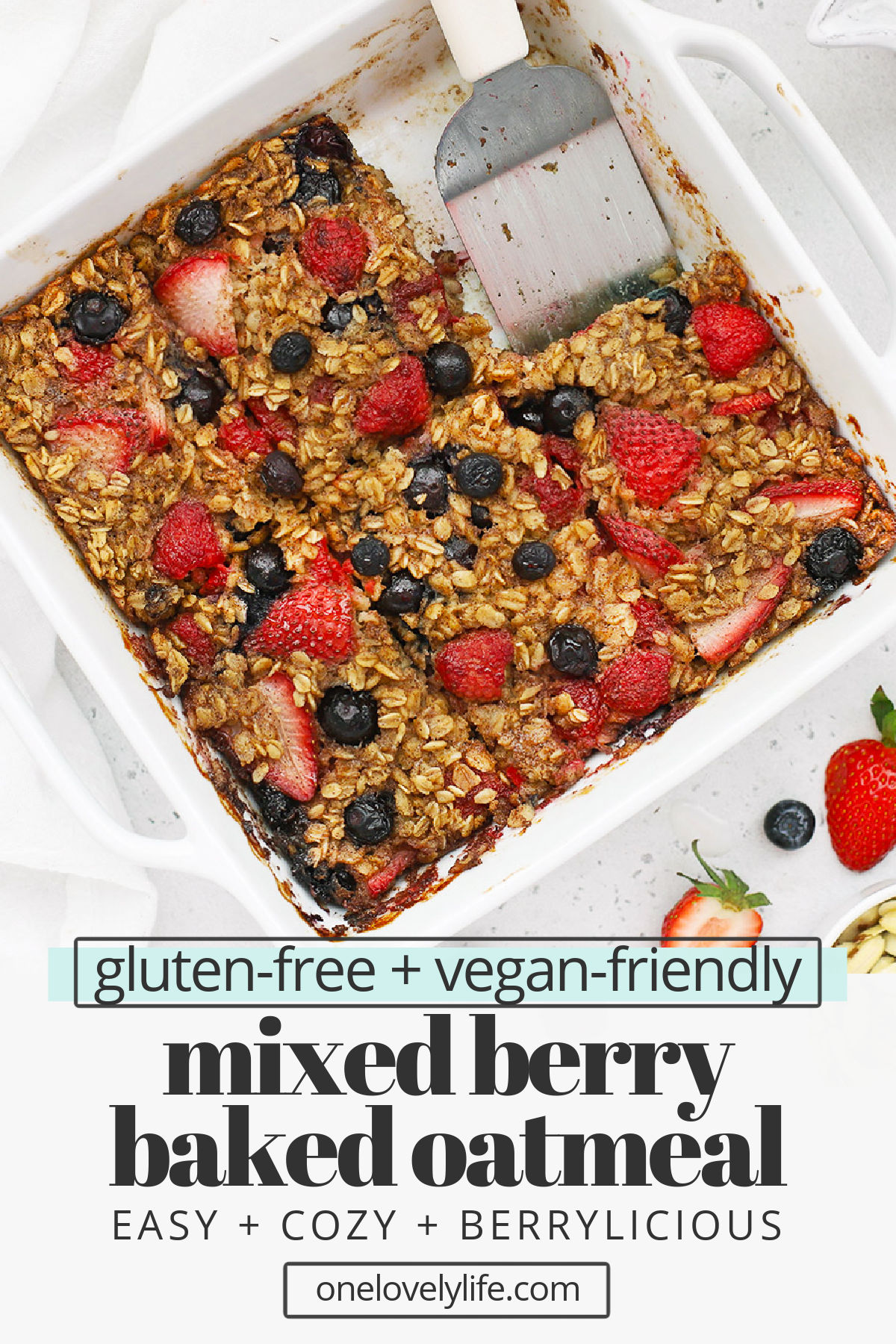Mixed Berry Baked Oatmeal! This triple berry baked oatmeal recipe is a delightful healthy meal prep breakfast perfect for a crowd. (Gluten-Free, Vegan-Friendly) // Healthy Berry Baked Oatmeal // Vegan Berry Baked Oatmeal // Gluten-Free Berry Baked Oatmeal // Meal Prep Breakfast Recipe // Baked Oatmeal Recipe // Spring Breakfast #glutenfree #bakedoatmeal #berries #oatmeal #vegan