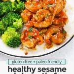 Close up Front view of a plate of easy sesame shrimp with broccoli and zucchini with text overlay that reads "gluten-free + paleo-friendly healthy sesame shrimp stir-fry. Quick + easy + yumm!"