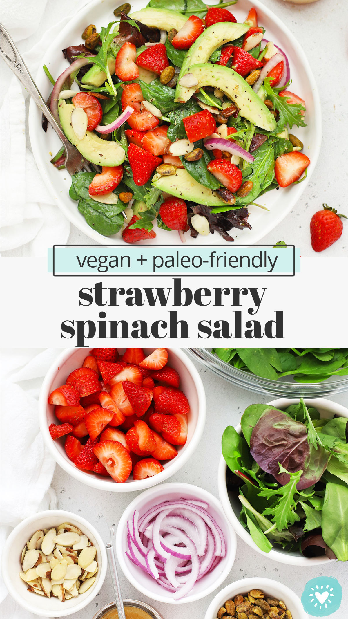 Strawberry Spinach Salad - This strawberry spinach salad recipe is light, bright, and so easy! You'll love the tangy dressing! (Vegan, Paleo) // Paleo Strawberry Spinach Salad // Vegan Strawberry Spinach Salad // Healthy Strawberry Spinach Salad // Gluten-Free Strawberry Spinach Salad // Spring Salad // summer salad recipe